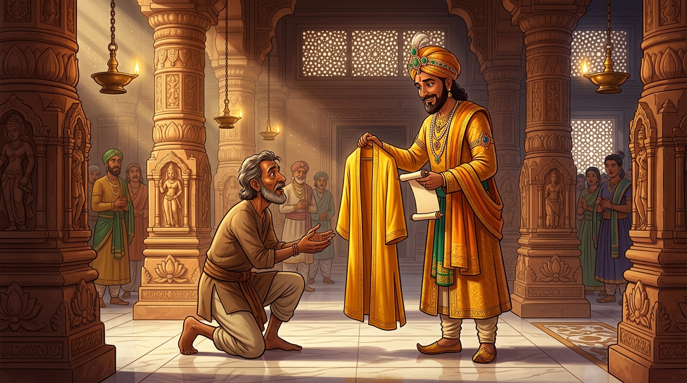 The King presents gardener Vrikshamitra with a golden silk robe and title of Master of Groves