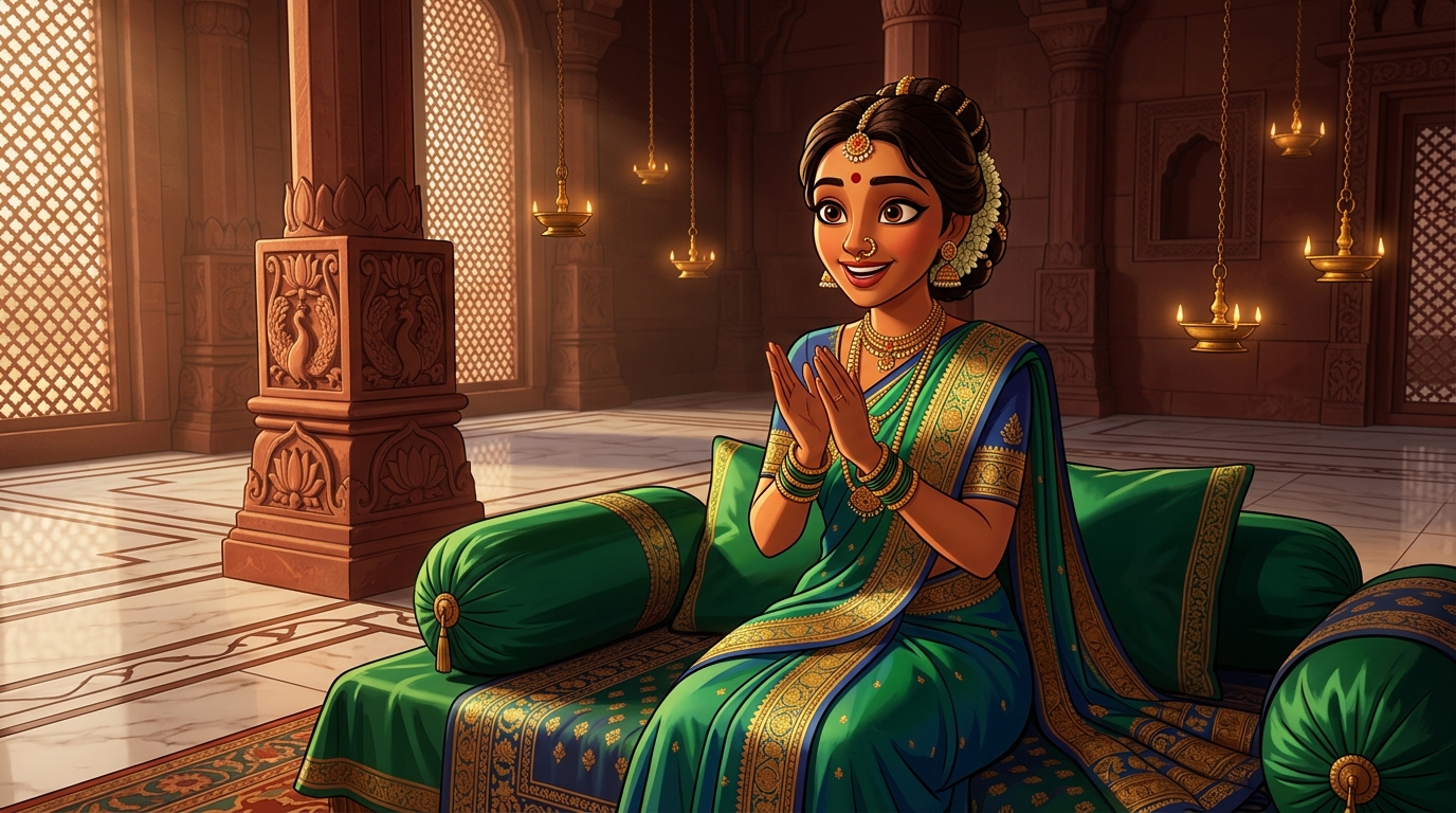 Prabhavati sitting on the silk cushions, clapping in wonder at the exposed theatrical trick