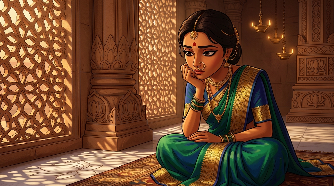 Prabhavati in deep contemplation, realizing flattering words are merely hollow pipes