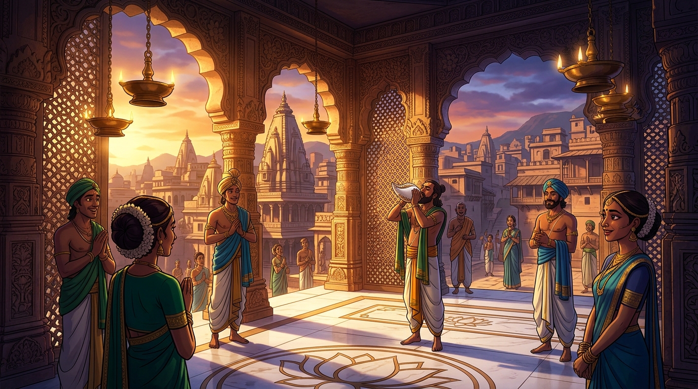 Golden dawn sunlight flooding across the sandstone arches as temple conches sound