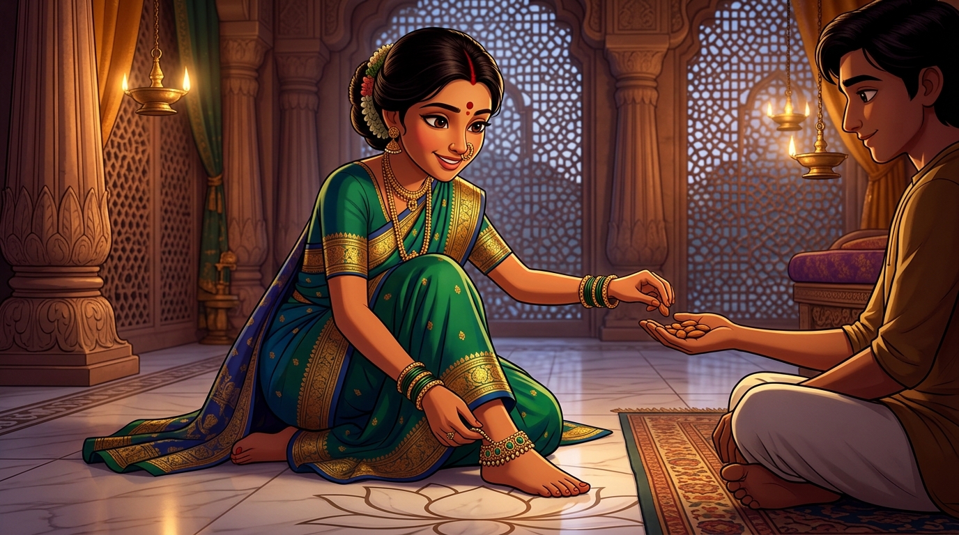 Prabhavati unclasps the emerald anklet, hands Shuka sweet almonds, retreats peacefully