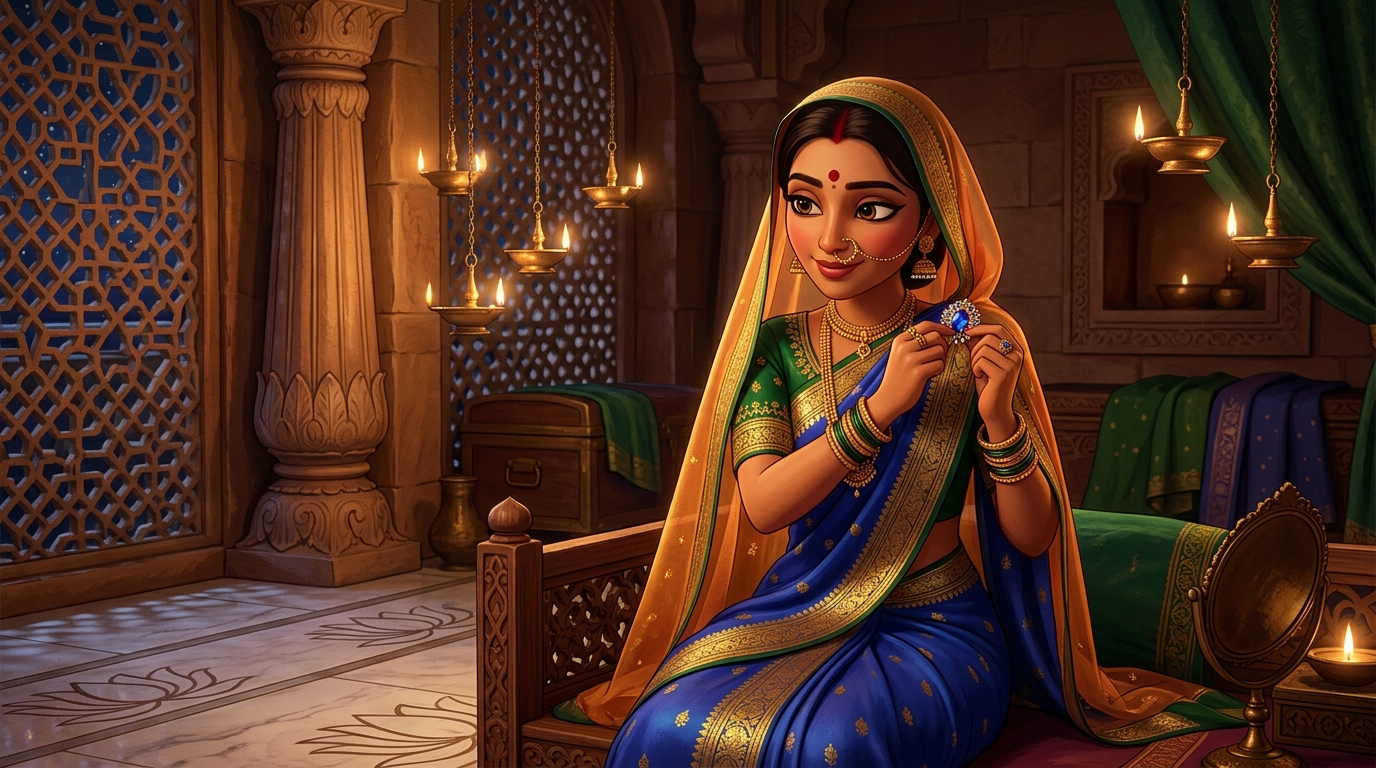 Prabhavati in sapphire-and-gold silk pinning the brooch into her veil by candlelight