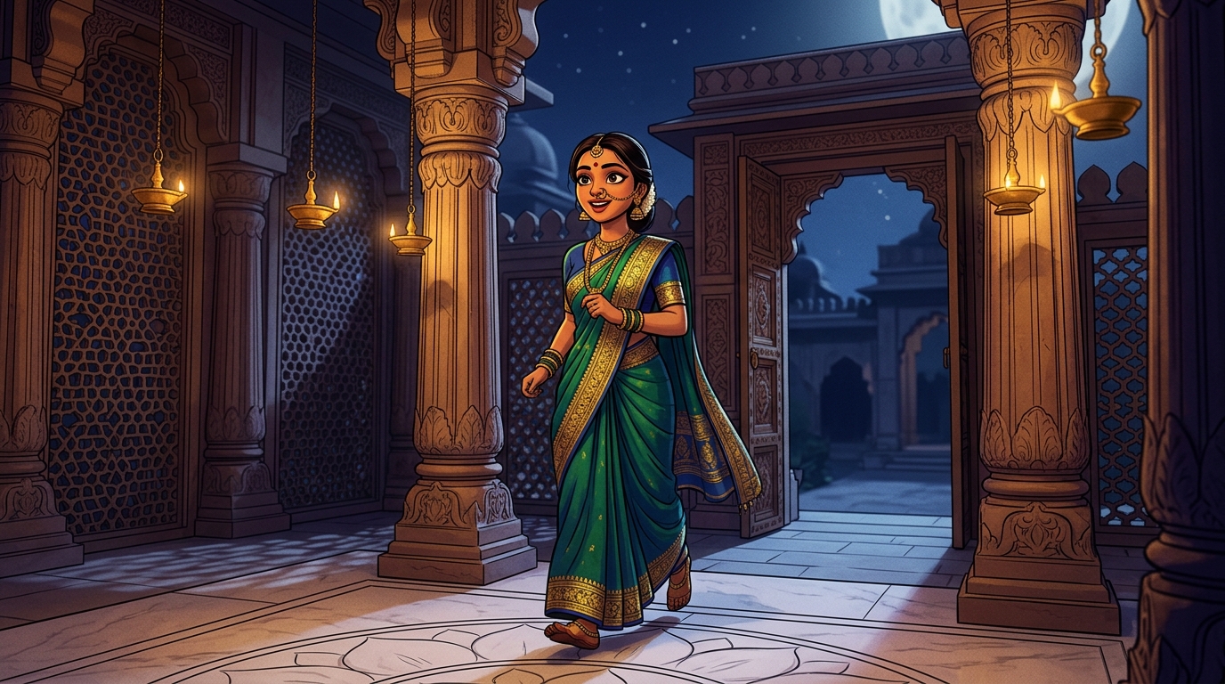 Prabhavati stepping toward the courtyard gate with swift, eager steps under the moonlit sky