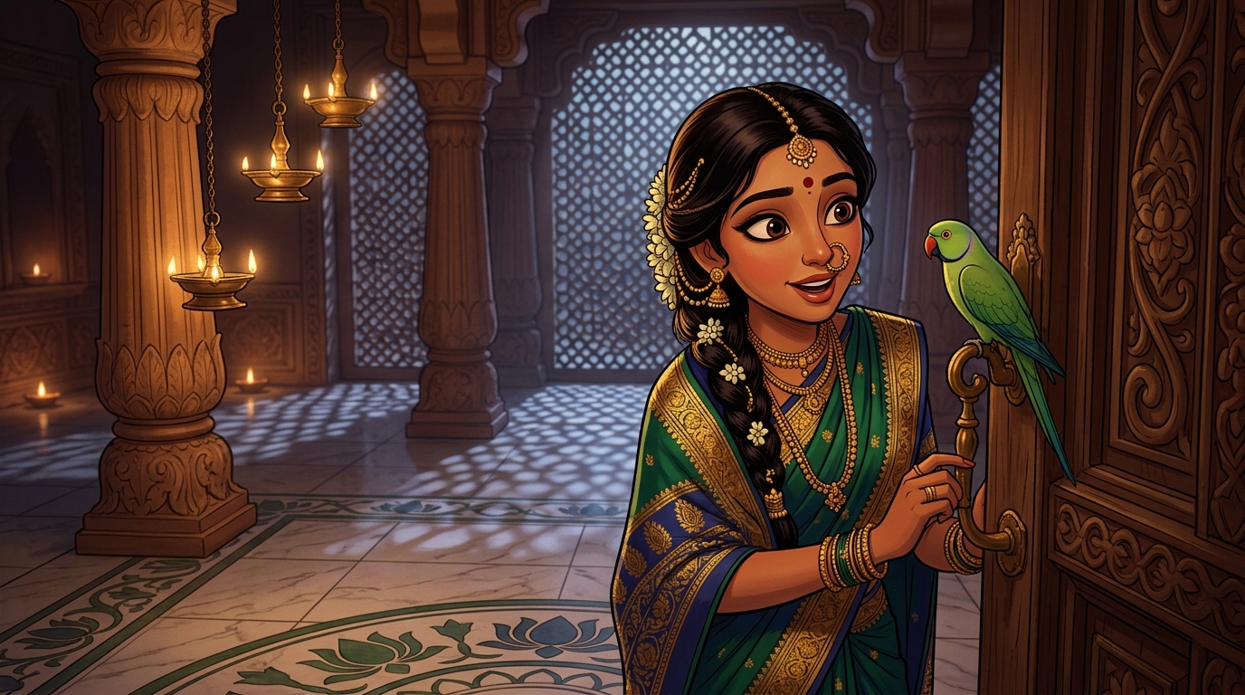 Prabhavati pausing on the doorstep with an amused smile