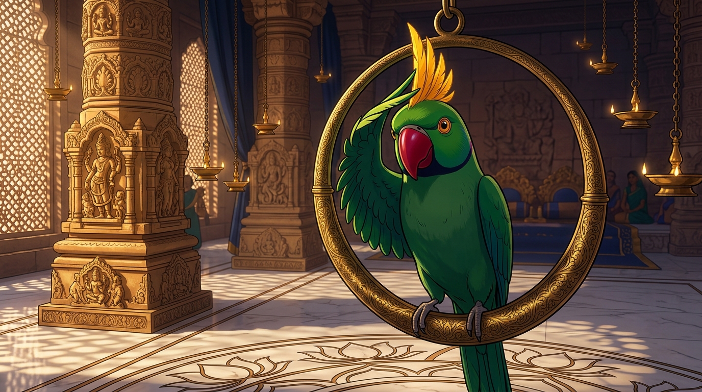 Shuka raising his golden crest with profound philosophical and artistic wisdom