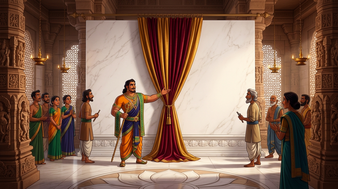 In grand temple hall of Avanti, Emperor Yashovarma commissions two facing marble walls