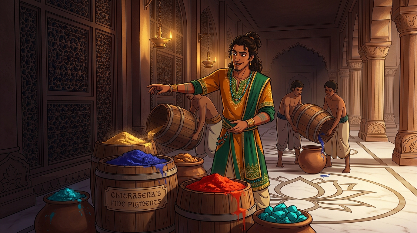 Flashy painter Chitrasena brings barrels of expensive gold and vermilion paints