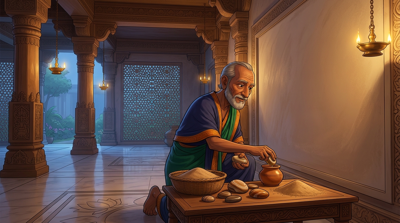 Sculptor Somendra brings no paint—only fine river sand, agate burnishing stones, and sesame oil