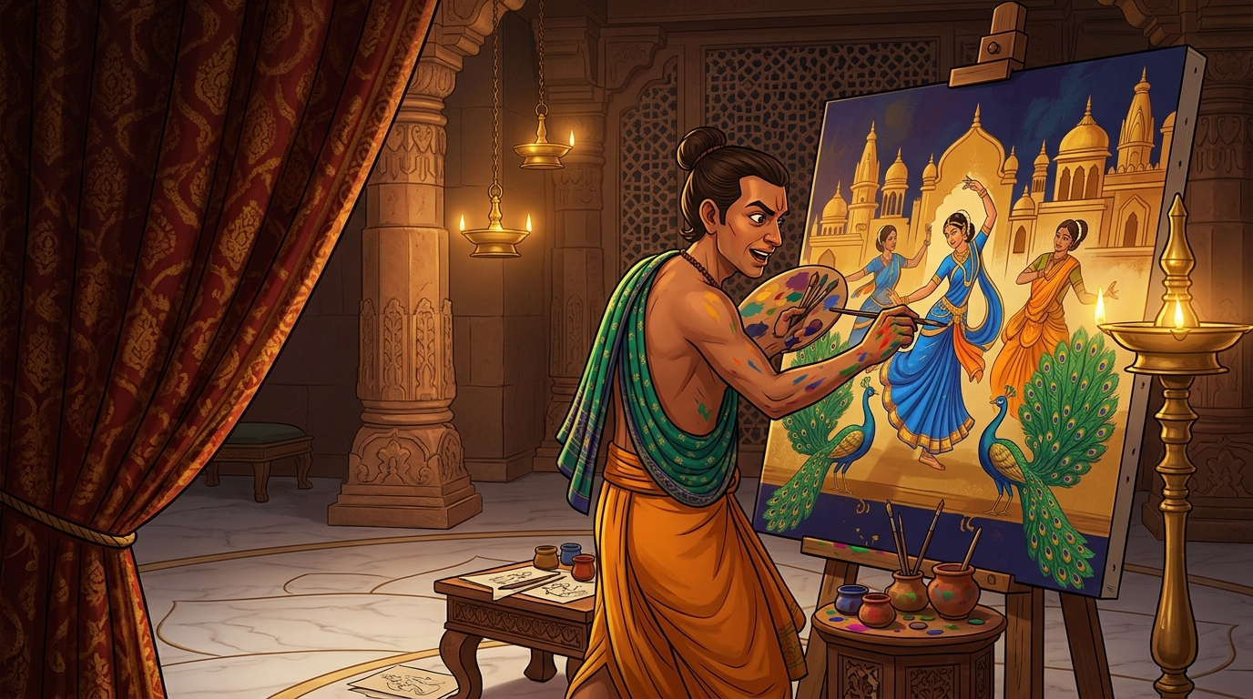 Chitrasena paints intricate multi-colored celestial dancers and peacocks furiously