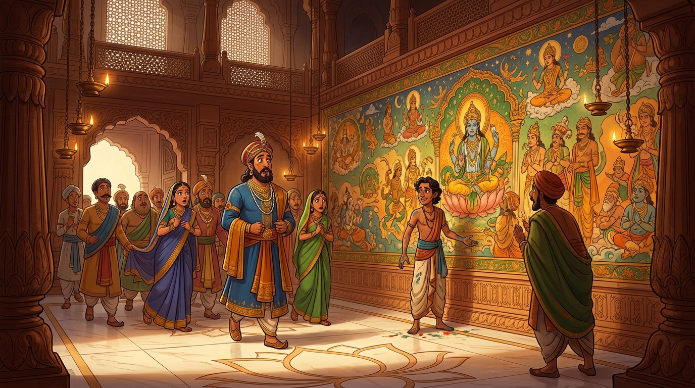 Emperor Yashovarma enters the hall; Chitrasena reveals his colorful wall to court gasps