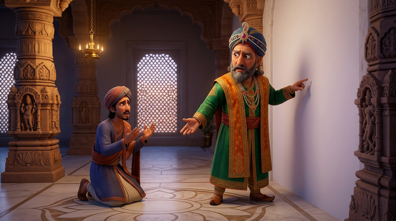 The Emperor turns to Somendra's blank white wall in confusion, asking where his art is