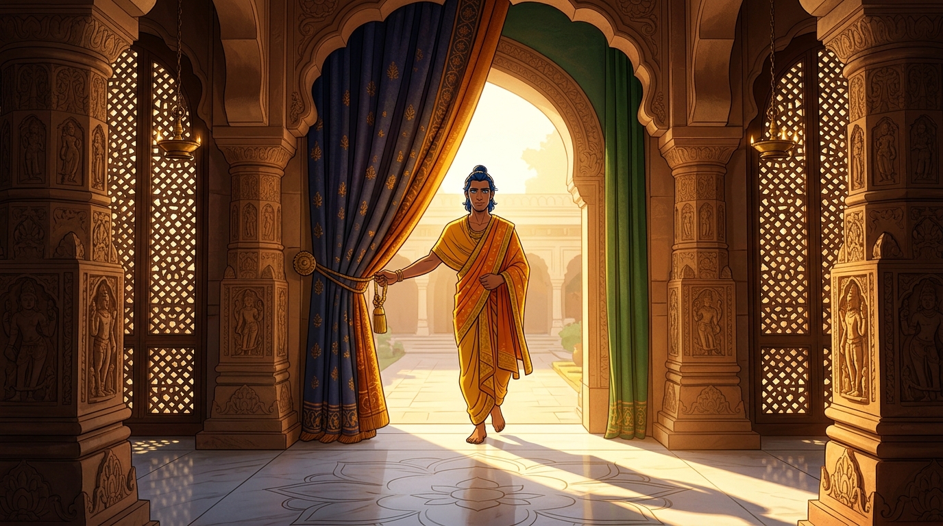 Somendra pulls the dividing curtain completely aside, allowing morning sunshine to flood between walls