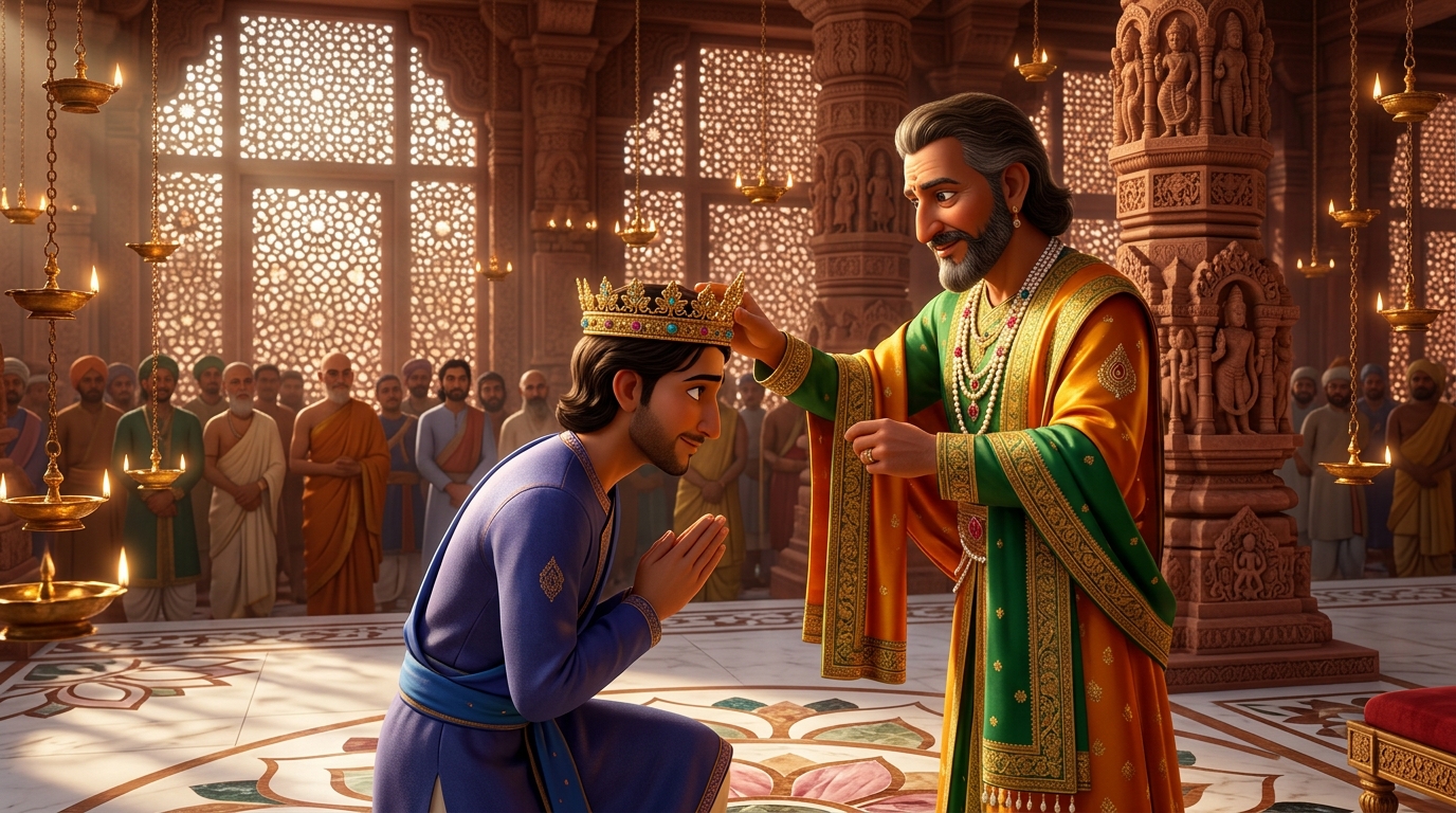 The Emperor crowns Somendra: 'A pure, polished soul reflects the infinite glory of the universe!'