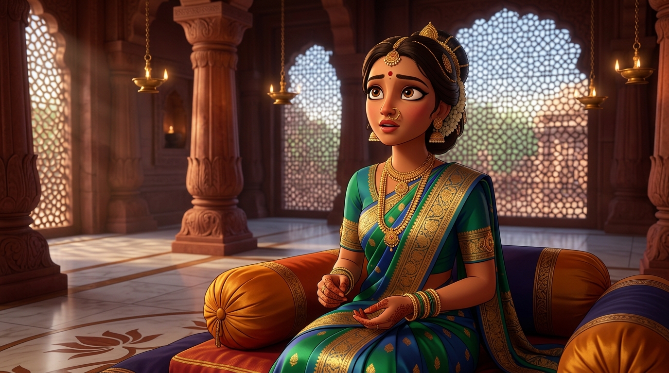 Prabhavati sitting on the bolsters, wide-eyed with realization at the pure marble mirror