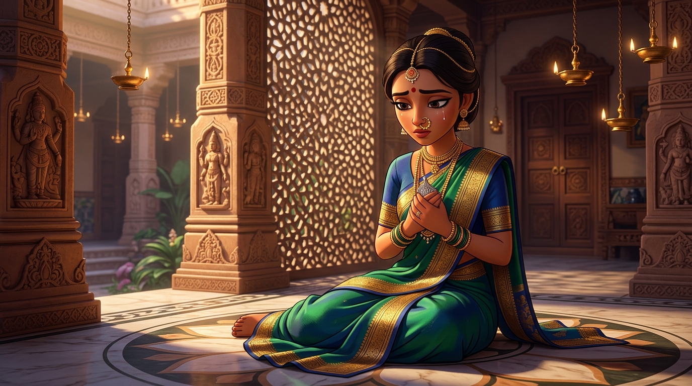 Prabhavati in deep contemplation, realizing keeping heart pure reflects timeless honor