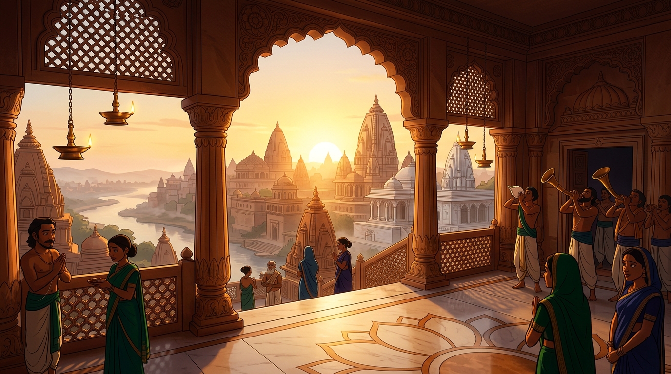 Golden dawn sunlight flooding across the Chandravati skyline as temple conches sound