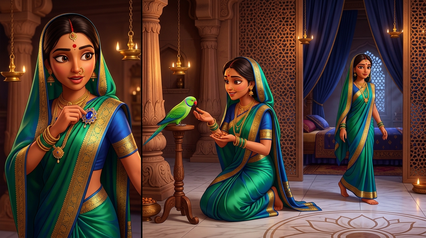 Prabhavati unclasps the sapphire brooch, gives Shuka sweet almonds, retreats peacefully