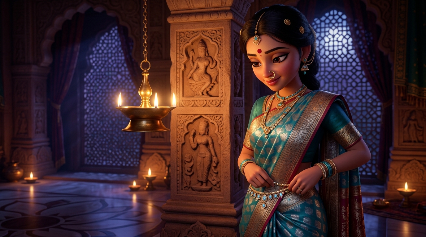 Prabhavati in turquoise-and-silver silk fastening the waist chain by candlelight