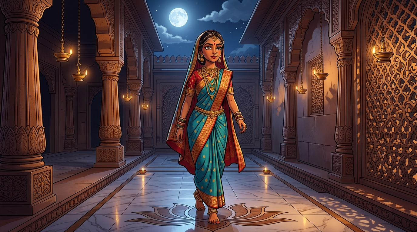 Prabhavati walking toward the courtyard gate with swift, confident steps under the moonlit sky