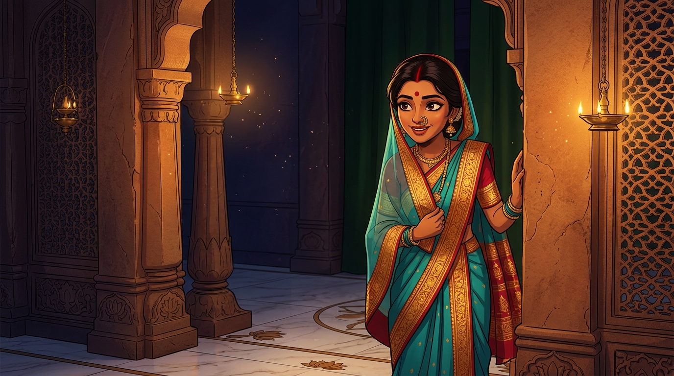 Prabhavati pausing on the doorstep with an amused smile