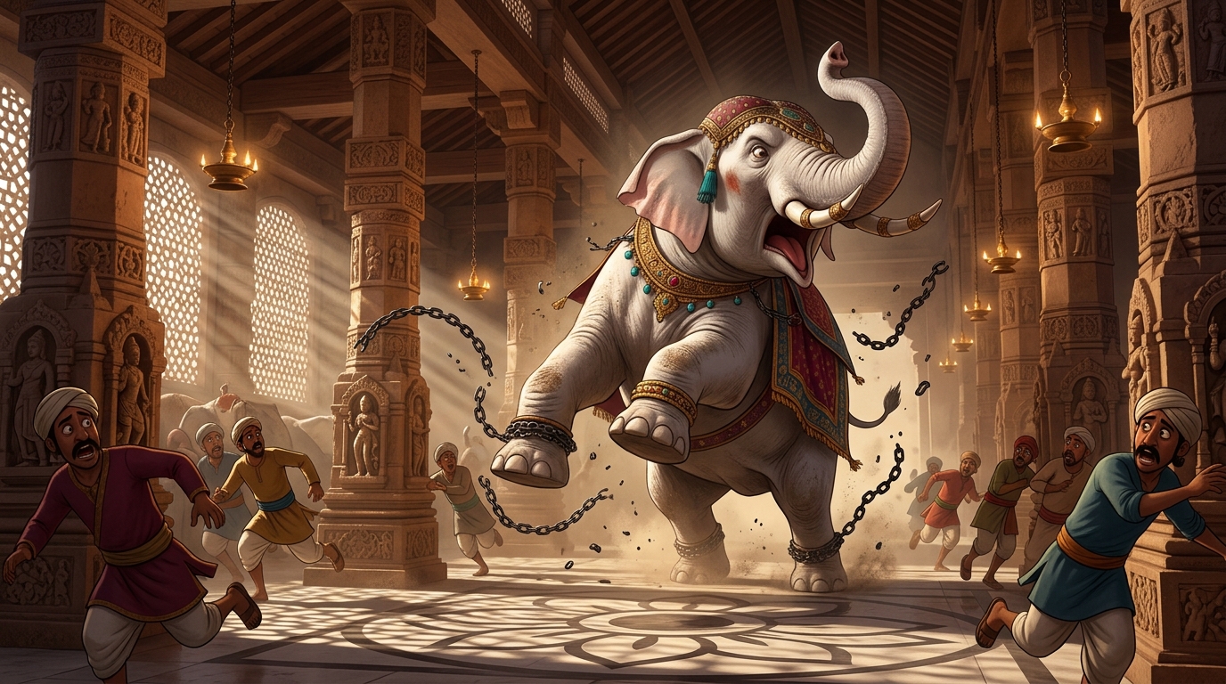 In the imperial stables of Hastinapura, colossal white war elephant Airavata trumpeting in fury