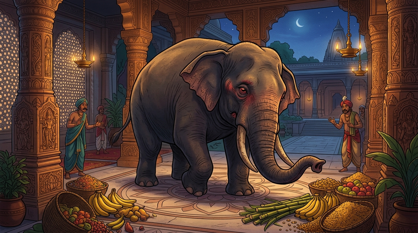 The giant elephant refusing piles of sweet sugarcane and bananas, eyes bloodshot