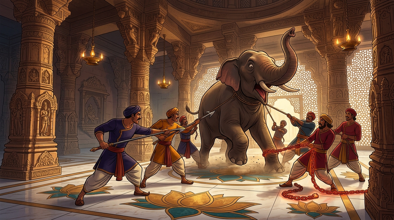 Royal handlers with sharp iron goads and red-hot chains preparing to subdue the animal