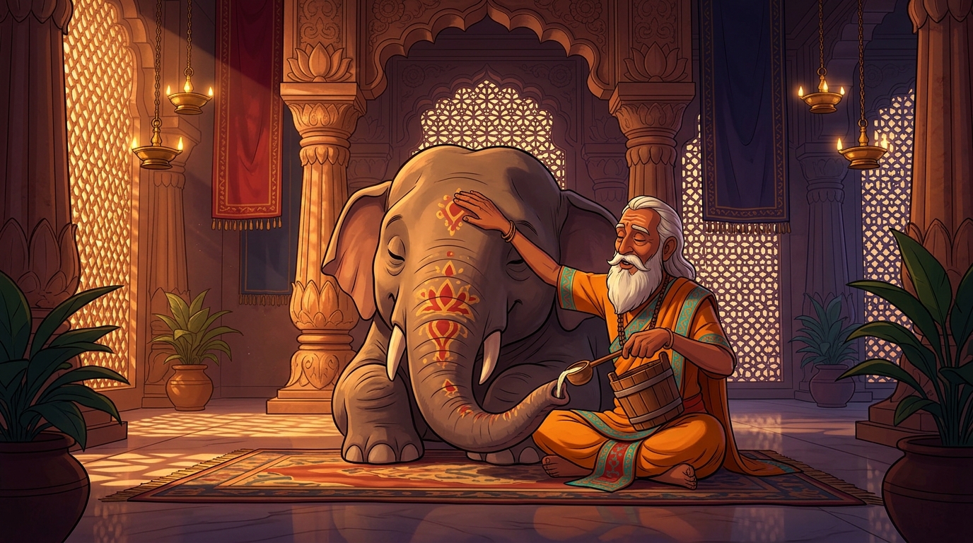 Palakapya chants soothing hymns, feeding the calm elephant cooling melon juice