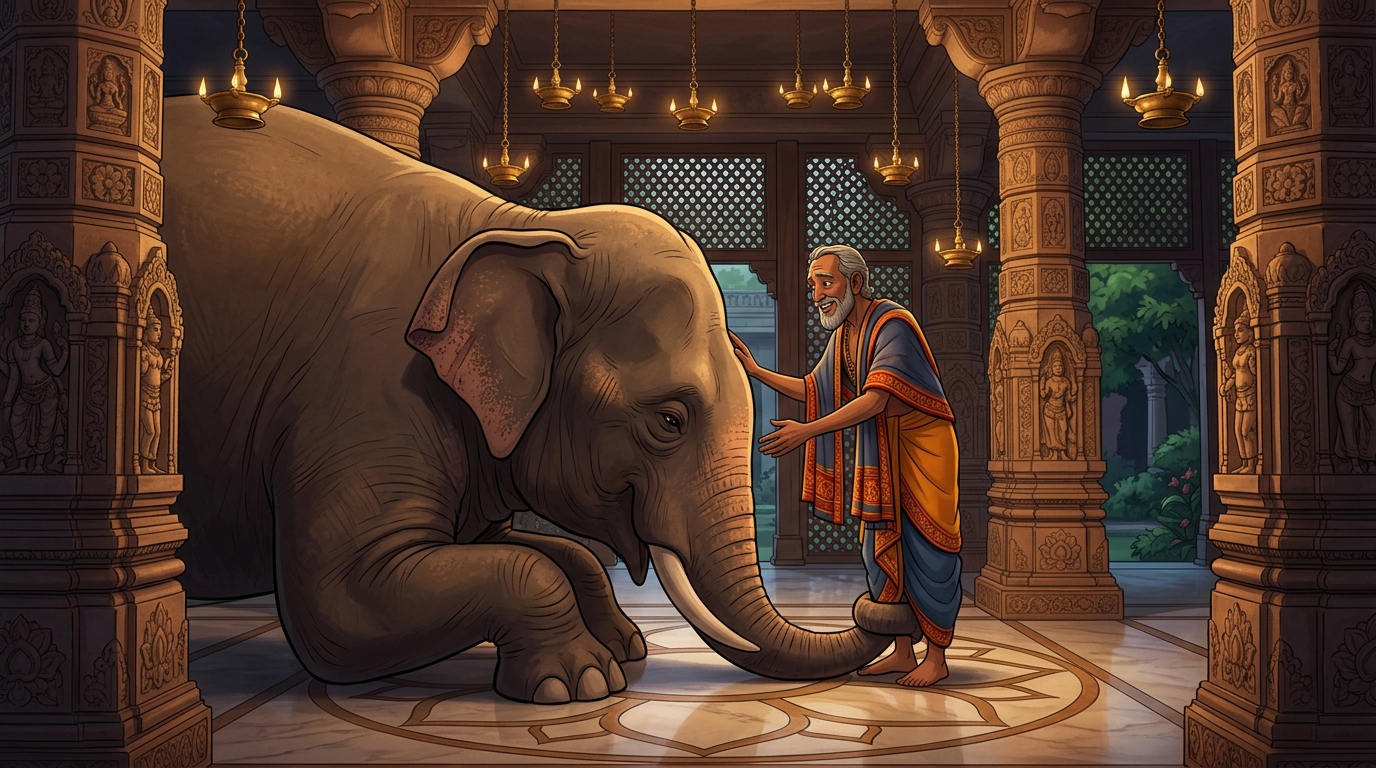 Airavata lets out a joyful gentle trumpet, touching Palakapya's feet with its trunk