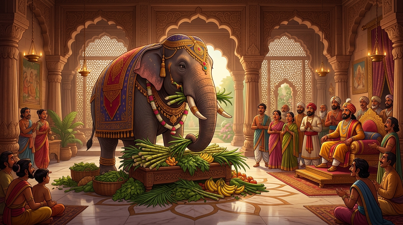 The elephant peacefully devours mounds of fresh sugarcane as the Emperor watches in awe