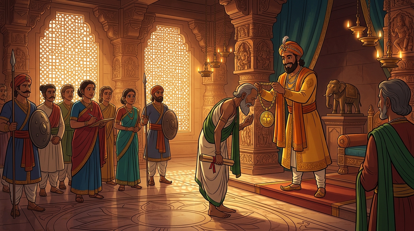 The Emperor honors Palakapya with gold medallion and title of Grand Master of Elephant Wisdom