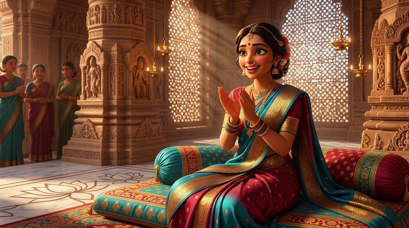 Prabhavati sitting on the silk cushions, clapping in wonder at the gentle healing of empathy