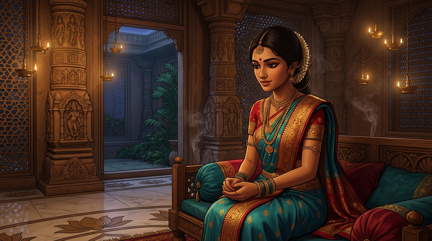 Prabhavati in deep contemplation, realizing patience and understanding heal family peace