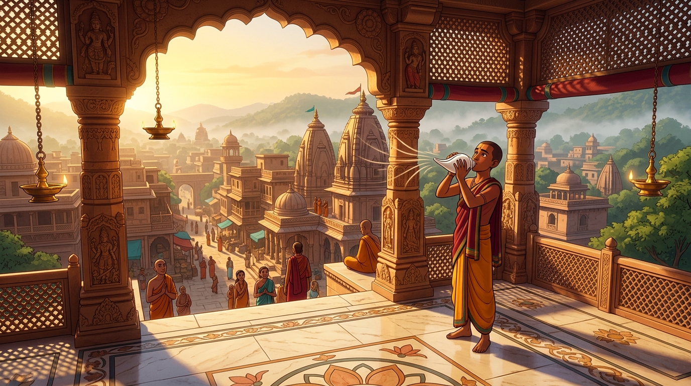 Golden dawn sunlight flooding across the sandstone arches as temple conches sound