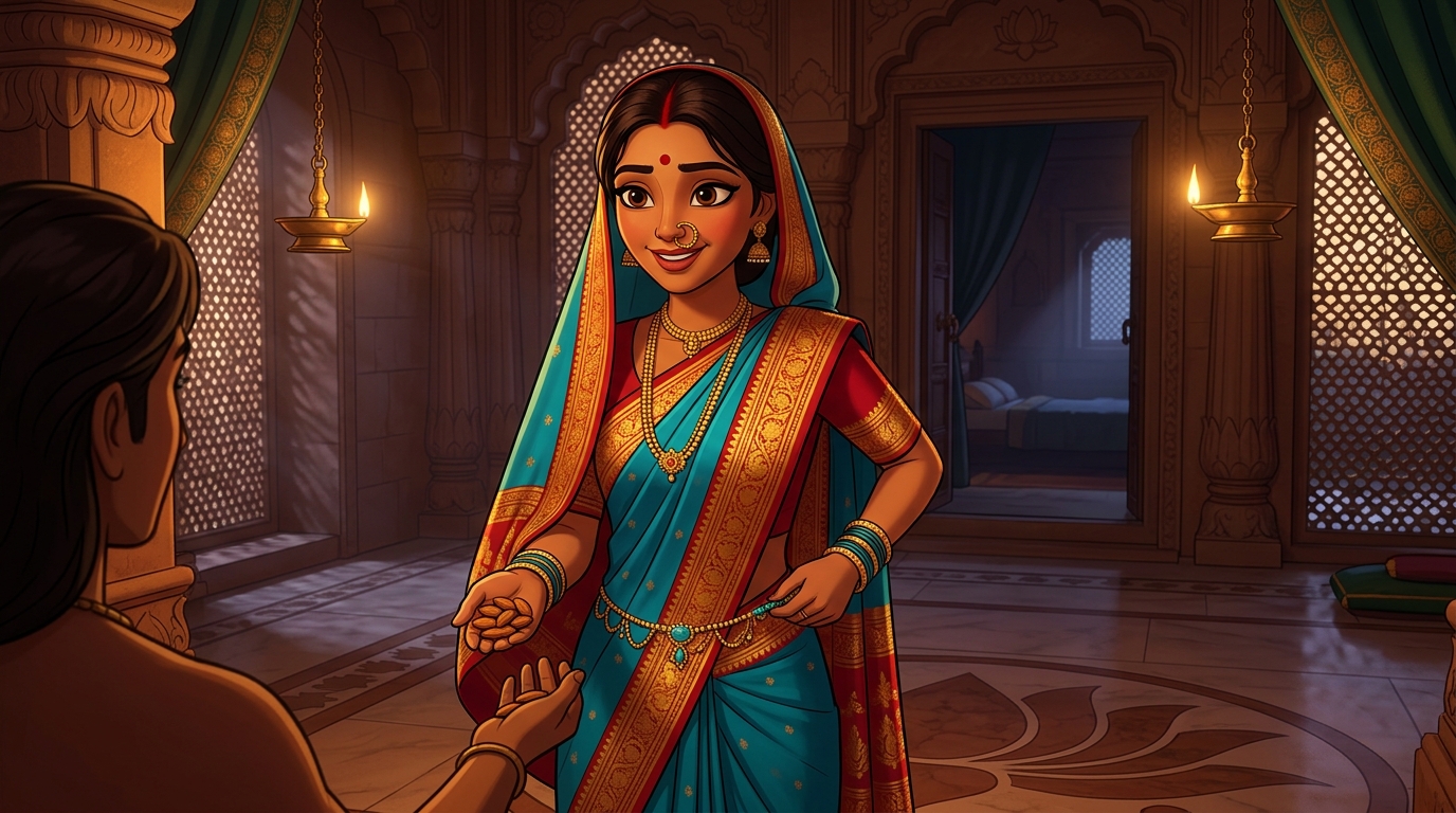 Prabhavati unclasps the turquoise waist chain, hands Shuka sweet almonds, retreats peacefully