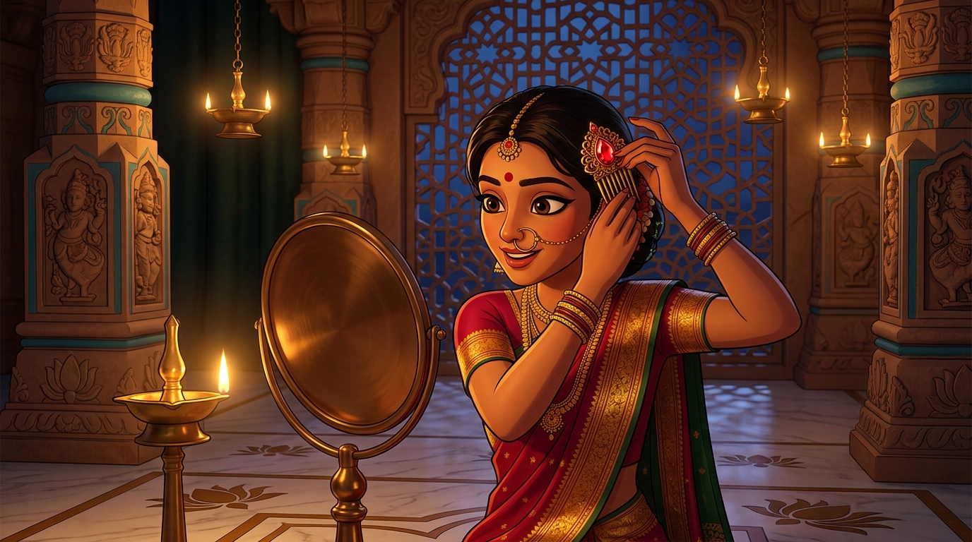Prabhavati in crimson-and-gold silk fastening the ruby hair comb by candlelight
