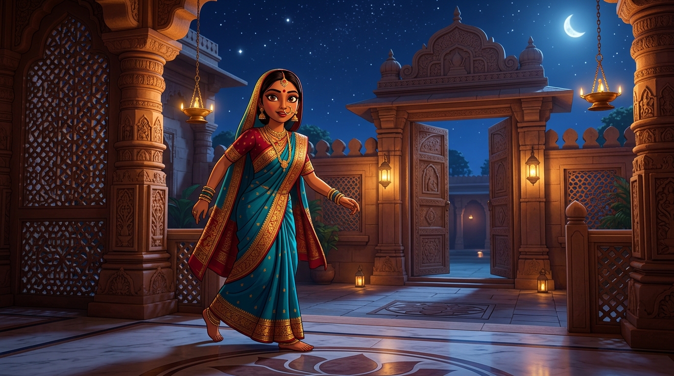 Prabhavati stepping toward the courtyard gate with swift, eager steps under the moonlit sky