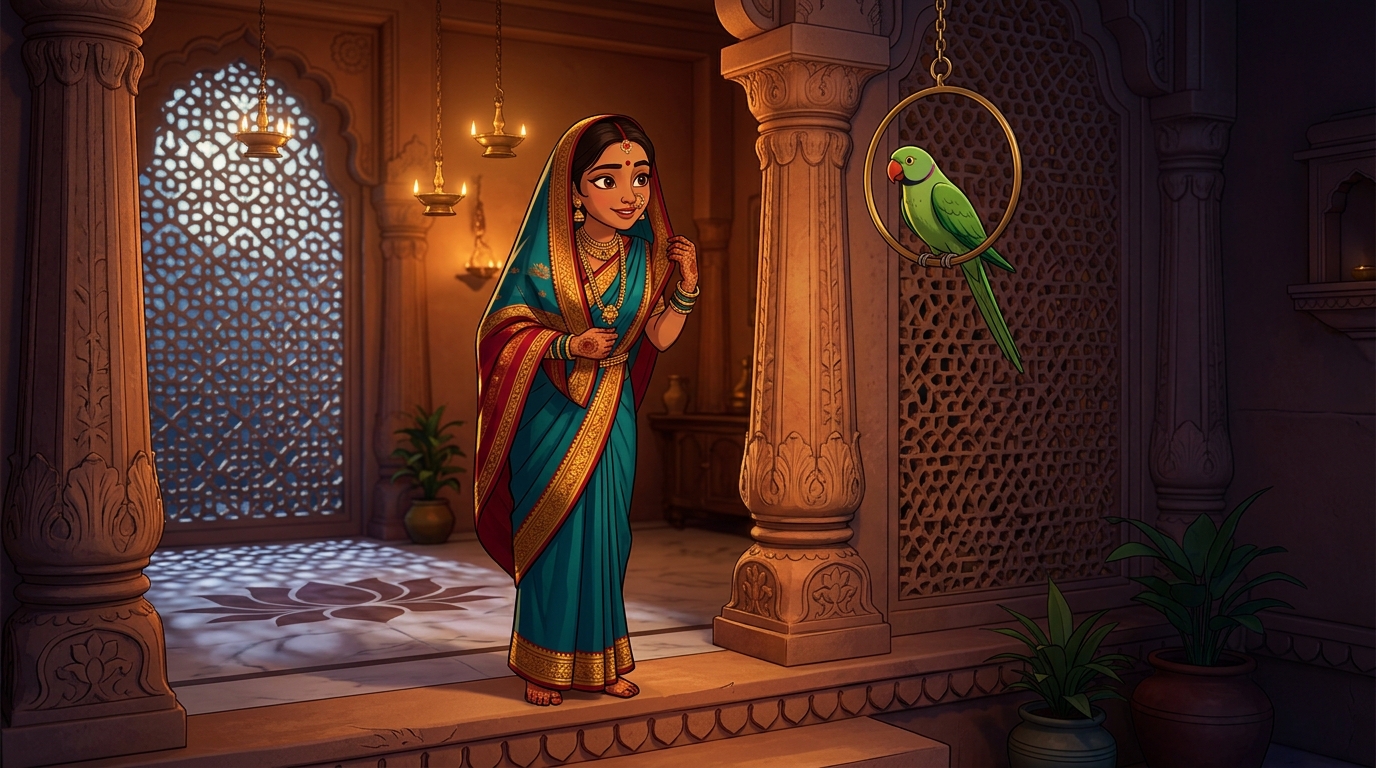 Prabhavati pausing on the doorstep with an amused smile