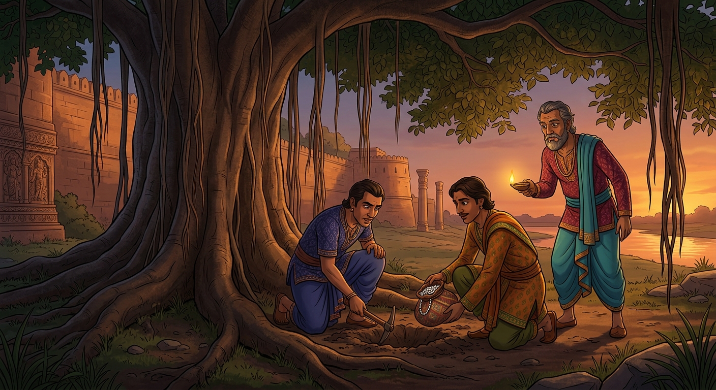 By the riverside banyan tree, three partners bury a silk bag of 300 pearls beneath roots