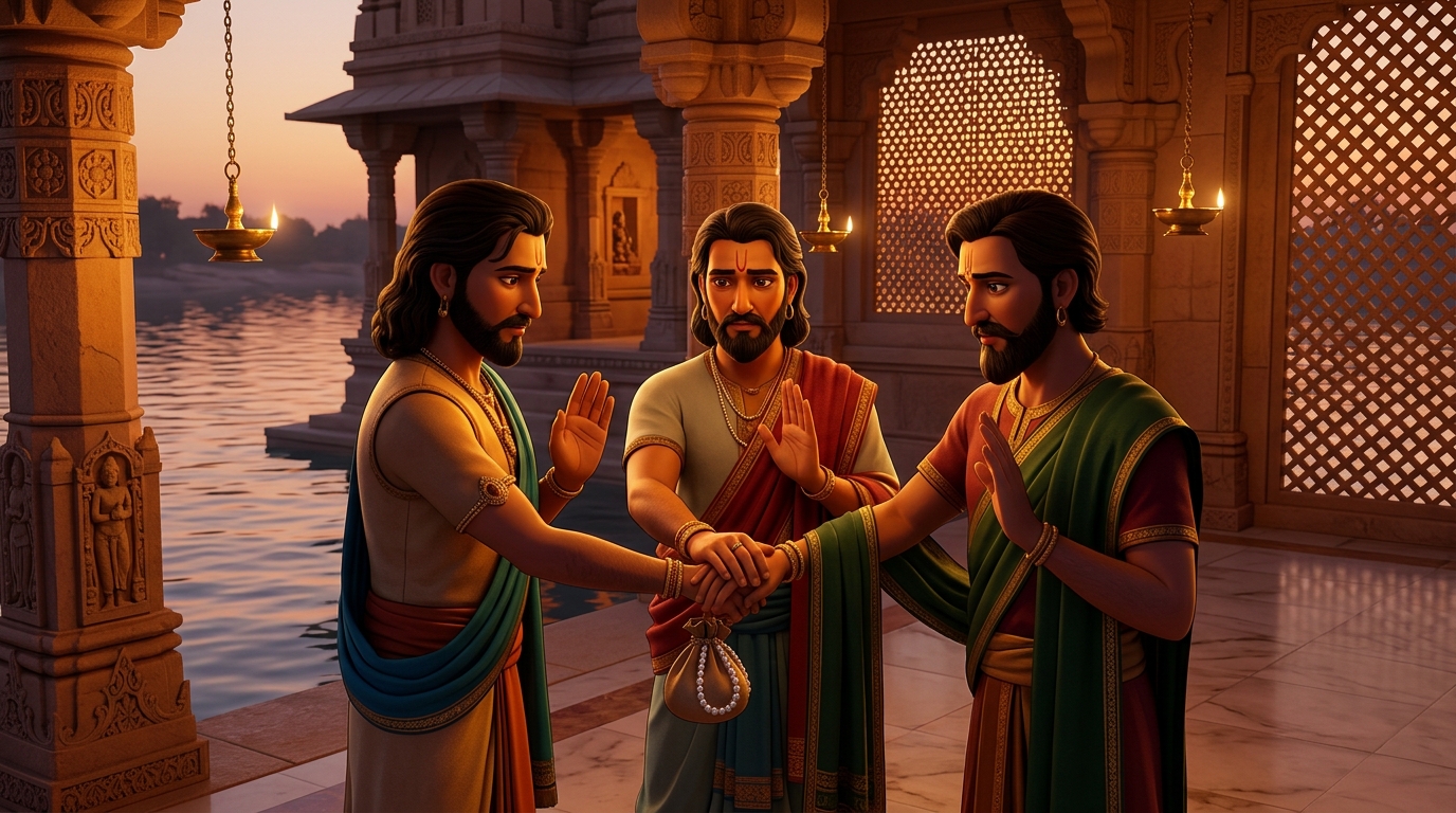 The three partners swearing a solemn oath to divide the pearls equally the next morning