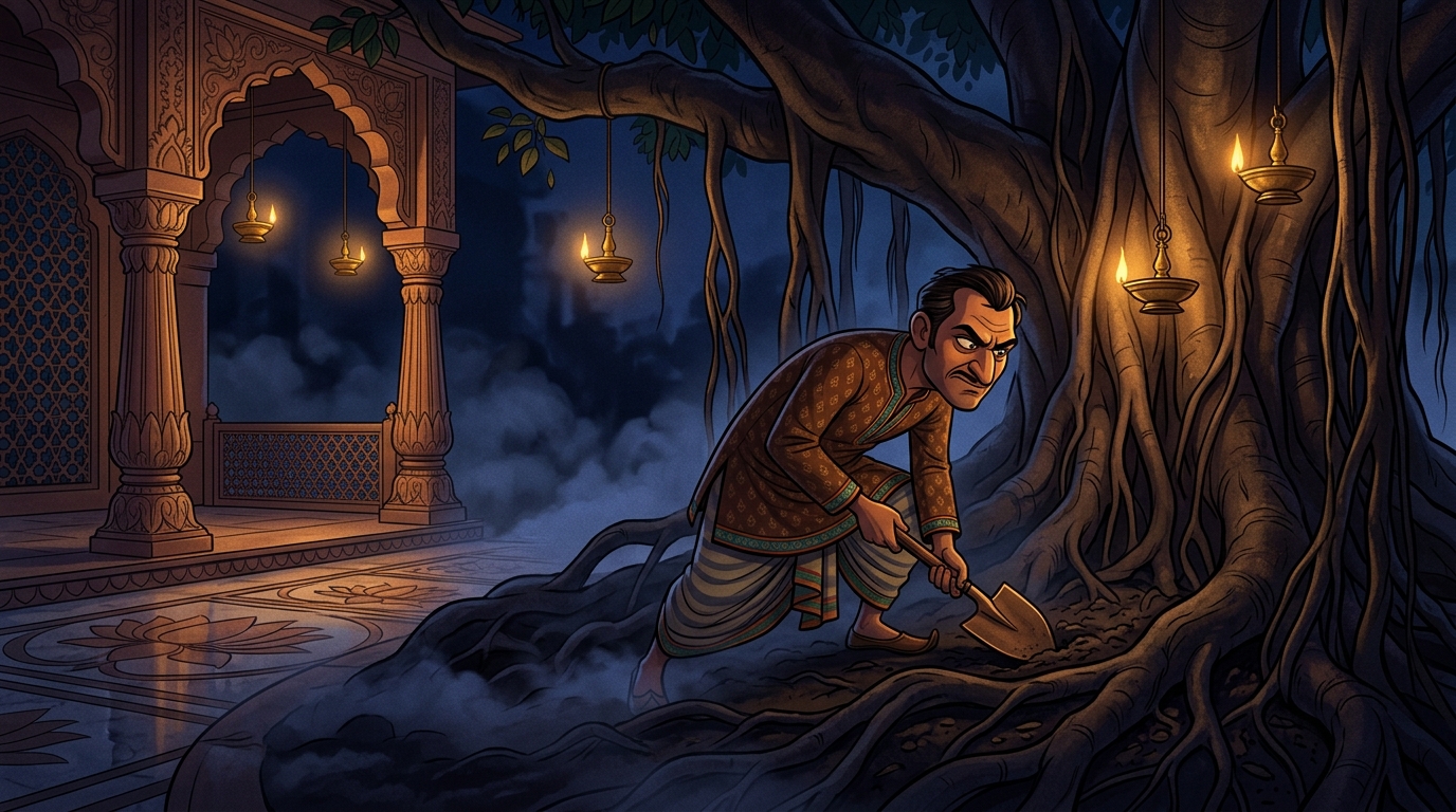 At midnight, greedy partner Kuberadatta creeps with a shovel, digging deep into tree roots