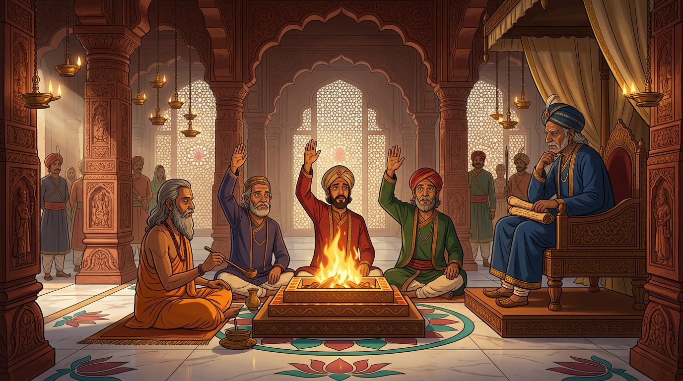 In royal court before Judge Dharmashila, all three merchants swear innocence before fire