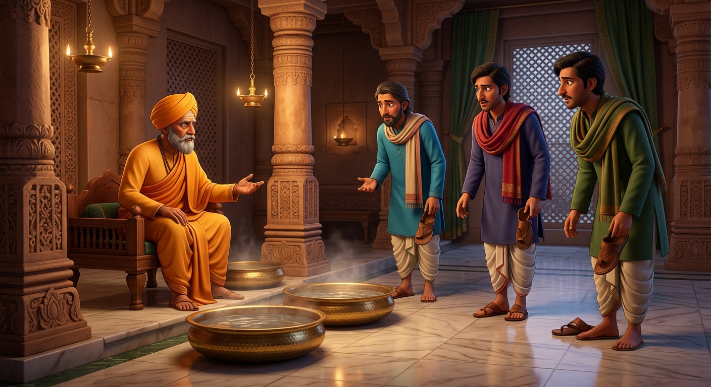 Judge orders brass basins of water brought, commanding merchants to wash feet and hands