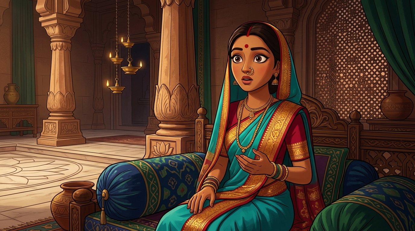 Prabhavati sitting on the bolsters, wide-eyed with realization at the forensic soil proof