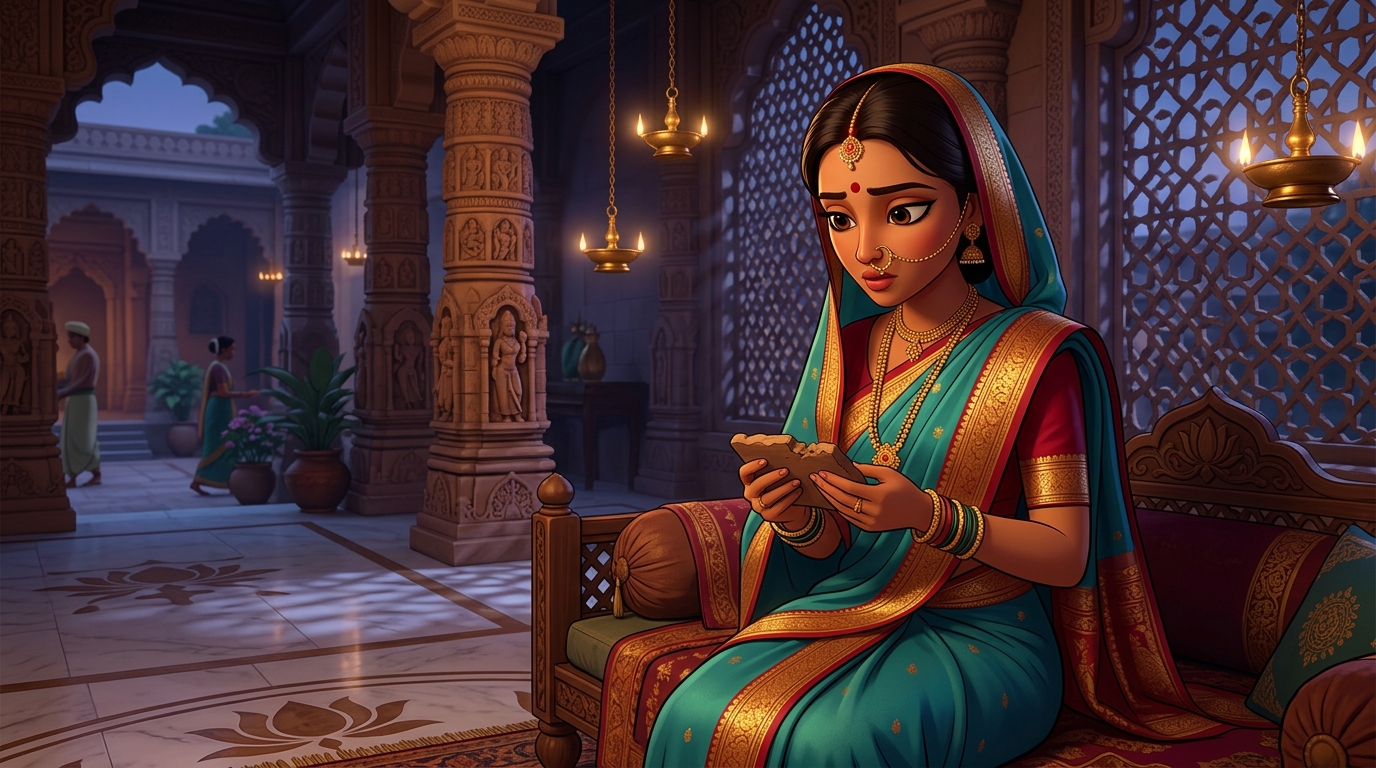 Prabhavati in deep contemplation, realizing suitors' flatteries leave sticky clay of deceit