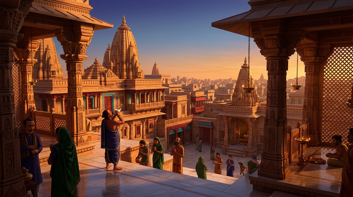 Golden dawn sunlight flooding across the Chandravati skyline as temple conches sound