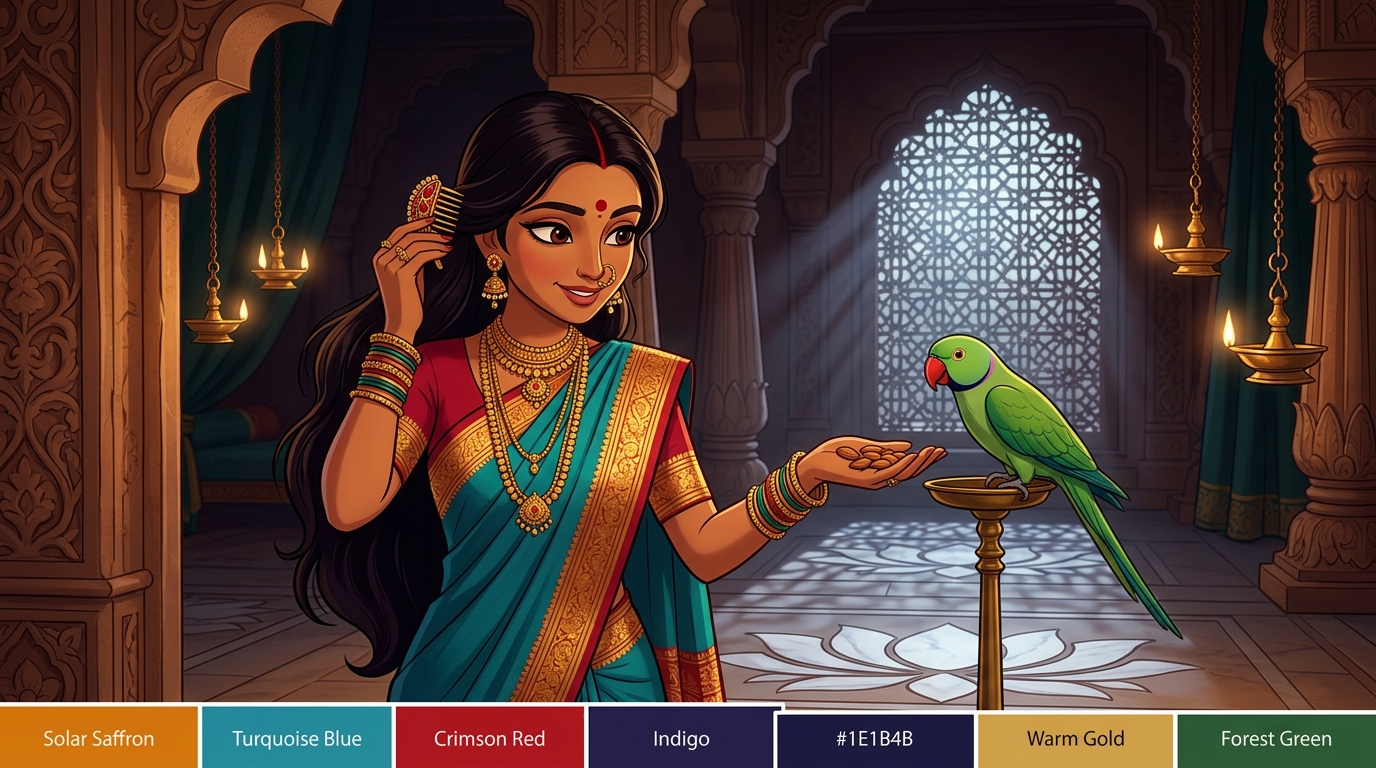 Prabhavati unclasps the ruby hair comb, gives Shuka sweet almonds, retreats peacefully