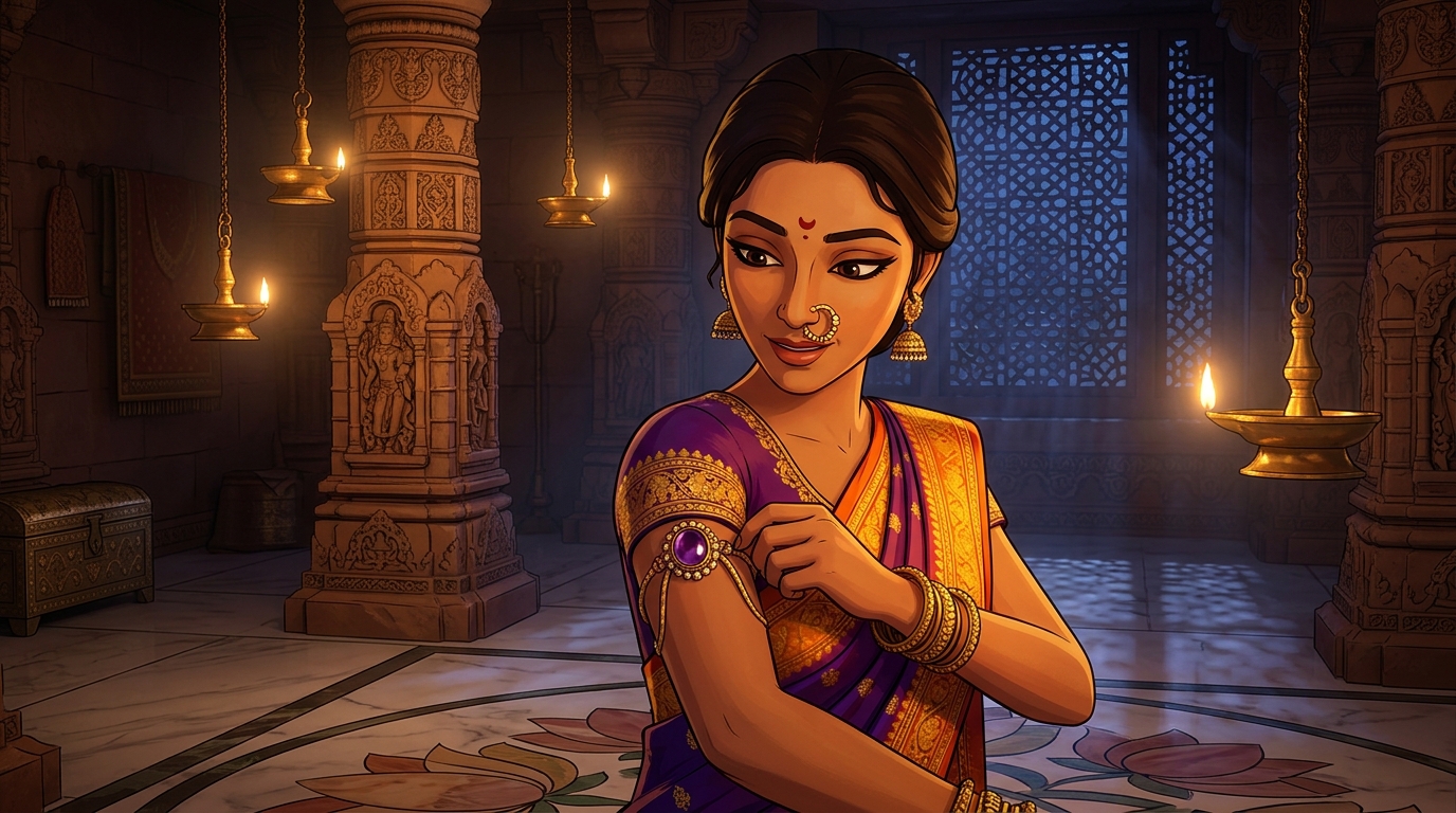Prabhavati in purple-and-silver silk fastening the amethyst armlet by candlelight