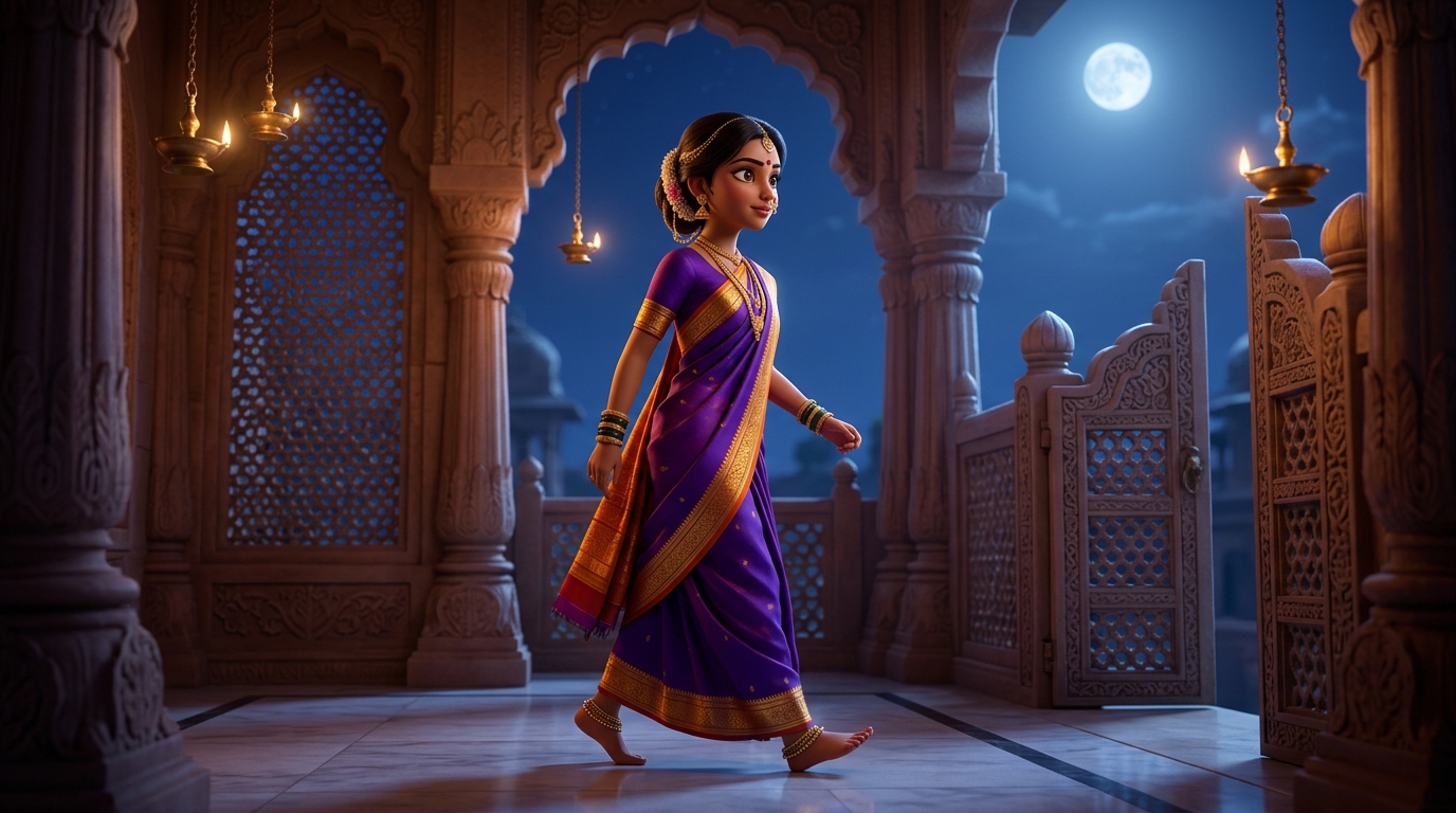 Prabhavati walking toward the courtyard gate with swift, confident steps under the moonlit sky