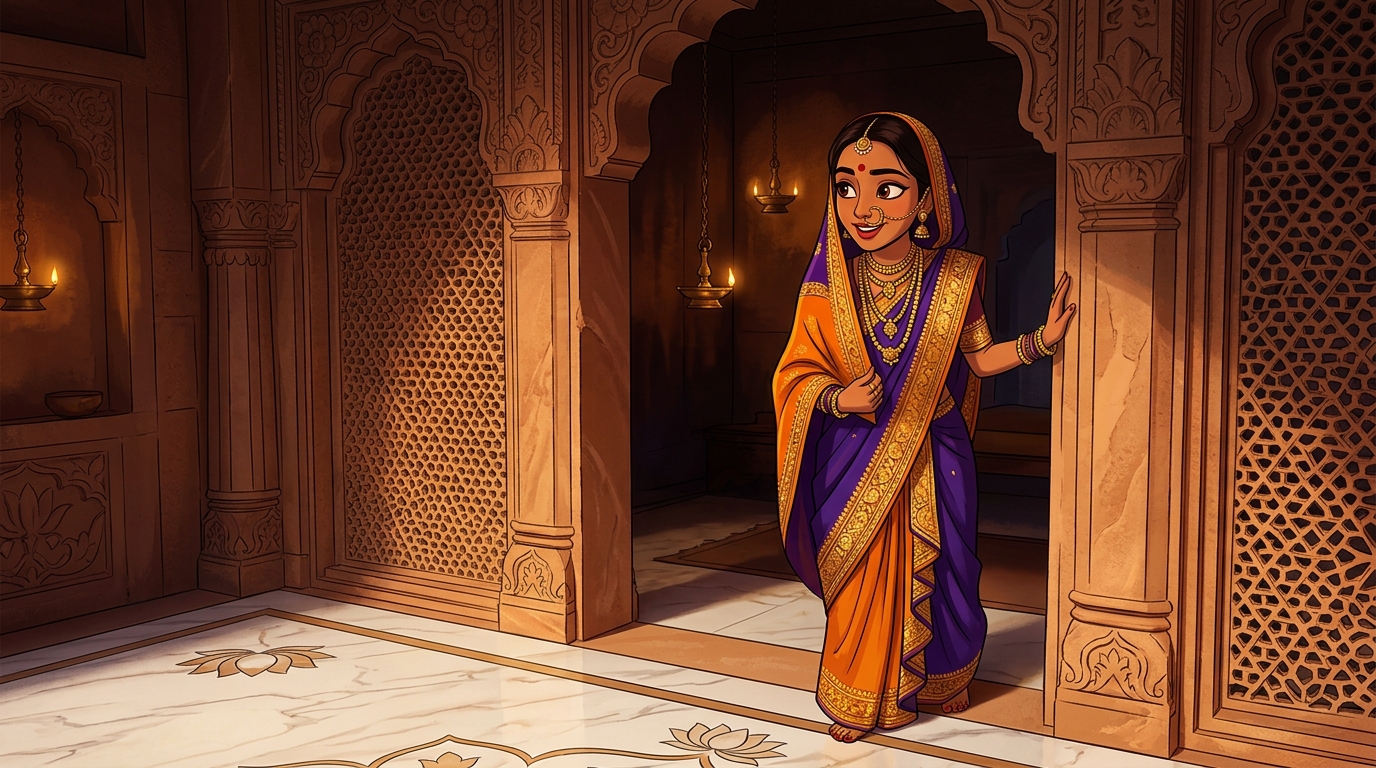 Prabhavati pausing on the doorstep with an amused smile